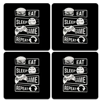Eat Sleep Game Repeat, ΣΕΤ 4 Σουβέρ ξύλινα τετράγωνα (9cm)