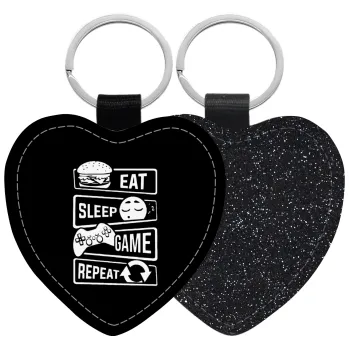 Eat Sleep Game Repeat, Μπρελόκ PU δερμάτινο glitter καρδιά ΜΑΥΡΟ