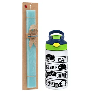 Eat Sleep Game Repeat, Easter Set, Children's thermal stainless steel bottle with safety straw, green/blue (350ml) & aromatic flat Easter candle (30cm) (TURQUOISE)