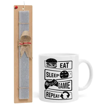 Eat Sleep Game Repeat, Easter Set, Ceramic Cup (330ml) & Easter aromatic flat candle (30cm) (GRAY)
