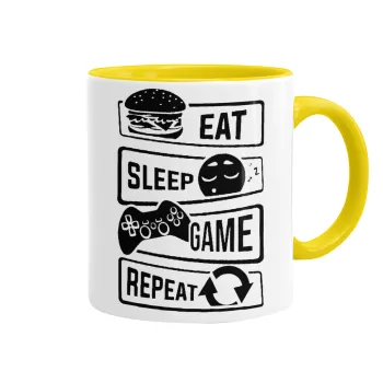 Eat Sleep Game Repeat, Κούπα χρωματιστή κίτρινη, κεραμική, 330ml