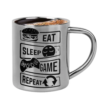 Eat Sleep Game Repeat, Double-wall metal cup for espresso (220ml)