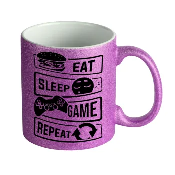 Eat Sleep Game Repeat, Κούπα Μωβ Glitter που γυαλίζει, κεραμική, 330ml