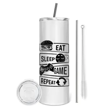 Eat Sleep Game Repeat, Tumbler ποτήρι θερμό από ανοξείδωτο ατσάλι 600ml, με μεταλλικό καλαμάκι & βούρτσα καθαρισμού