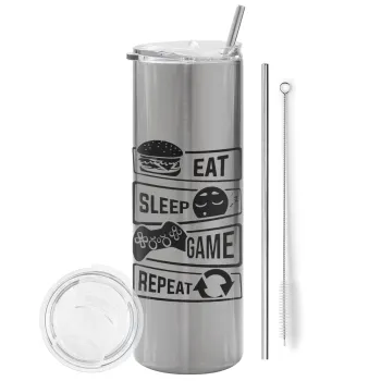 Eat Sleep Game Repeat, Tumbler ποτήρι θερμό Ασημένιο από ανοξείδωτο ατσάλι 600ml, με μεταλλικό καλαμάκι & βούρτσα καθαρισμού