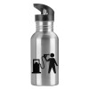 Water bottle Silver with straw, stainless steel 600ml