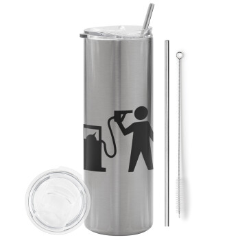 Fuel crisis, Eco friendly stainless steel Silver tumbler 600ml, with metal straw & cleaning brush