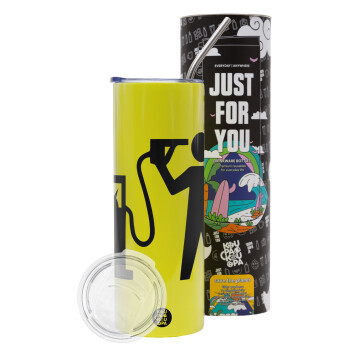 Fuel crisis, Neon Yellow Travel Tumbler θερμό, μεταλλικό καλαμάκι(Ανωξείδωτο 304 Food grade, BPA free, 600ml)