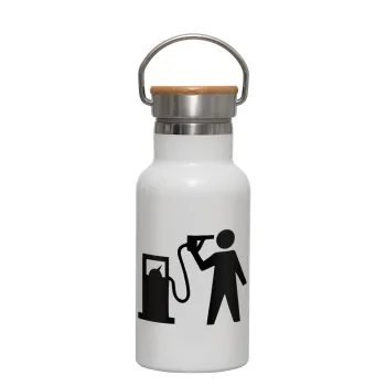 Fuel crisis, Μεταλλικό παγούρι θερμός (Stainless steel) Λευκό με ξύλινο καπακι (bamboo), διπλού τοιχώματος, 350ml