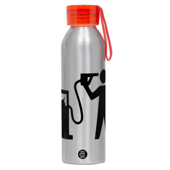 Fuel crisis, Αλουμινένιο Αθλητικό Μπουκάλι 650ml – Ασημί με Κόκκινο Καπάκι και Λουράκι Σιλικόνης