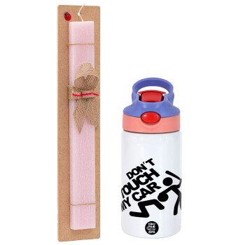 Don't touch my car, Easter Set, Children's thermal stainless steel water bottle with safety straw, pink/purple (350ml) & Easter scented flat candle (30cm) (PINK)