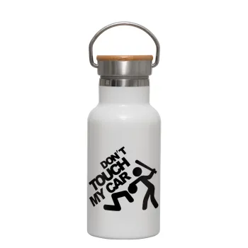 Don't touch my car, Metallic thermos (Stainless steel) White with wooden lid (bamboo), double-walled, 350ml