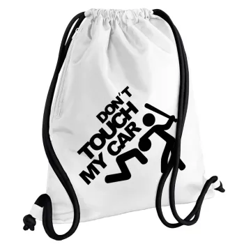 Don't touch my car, Backpack pouch GYMBAG white, with pocket (40x48cm) & thick cords