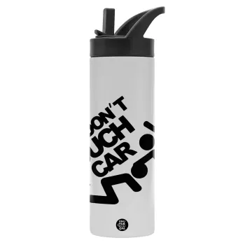 Don't touch my car, Metallic thermos bottle with straw & handle, stainless steel (Stainless steel 304), double-walled, 600ml.