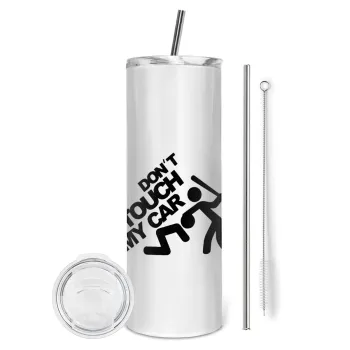 Don't touch my car, Tumbler ποτήρι θερμό από ανοξείδωτο ατσάλι 600ml, με μεταλλικό καλαμάκι & βούρτσα καθαρισμού