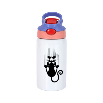Cat scratching, Children's hot water bottle, stainless steel, with safety straw, pink/purple (350ml)