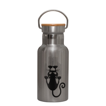 Cat scratching, Stainless steel metallic thermos flask, silver with a bamboo lid, double-walled, 350ml.