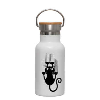 Cat scratching, Metallic thermos (Stainless steel) White with wooden lid (bamboo), double-walled, 350ml