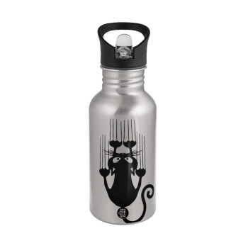 Cat scratching, Water bottle Silver with straw, stainless steel 500ml