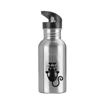Cat scratching, Water bottle Silver with straw, stainless steel 600ml