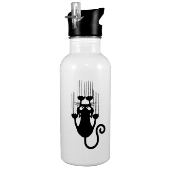 Cat scratching, White water bottle with straw, stainless steel 600ml