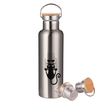 Cat scratching, Stainless steel Silver with wooden lid (bamboo), double wall, 750ml