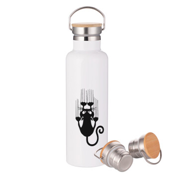 Cat scratching, Stainless steel White with wooden lid (bamboo), double wall, 750ml