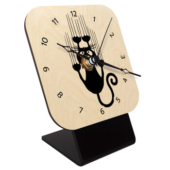 Cat scratching, Quartz Table clock in natural wood (10cm)