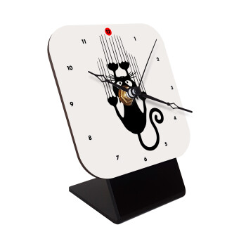 Cat scratching, Quartz Wooden table clock with hands (10cm)