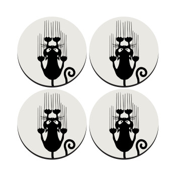 Cat scratching, SET of 4 round wooden coasters (9cm)