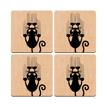 Cat scratching, ΣΕΤ x4 Σουβέρ ξύλινα τετράγωνα plywood (9cm)