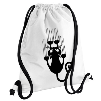 Cat scratching, Τσάντα πλάτης πουγκί GYMBAG λευκή, με τσέπη (40x48cm) & χονδρά κορδόνια