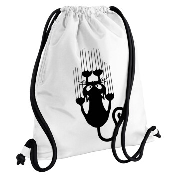 Cat scratching, Backpack pouch GYMBAG white, with pocket (40x48cm) & thick cords