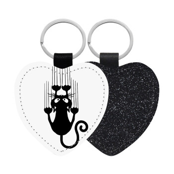 Cat scratching, Μπρελόκ PU δερμάτινο glitter καρδιά ΜΑΥΡΟ