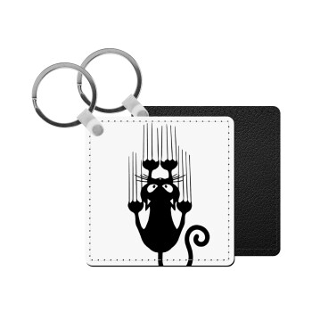 Cat scratching, Μπρελόκ Δερματίνη, τετράγωνο ΜΑΥΡΟ (5x5cm)