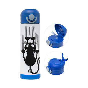 Cat scratching, Children's hot water bottle, stainless steel, with safety straw, BLUE (500ml)