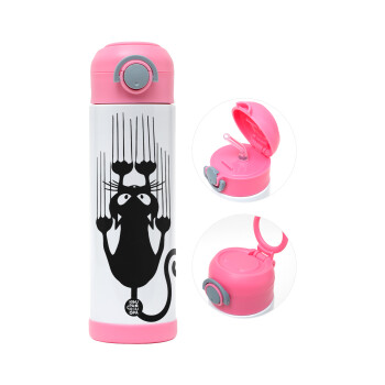 Cat scratching, Children's hot water bottle, stainless steel, with safety straw, PINK (500ml)