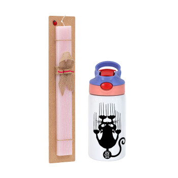 Cat scratching, Easter Set, Children's thermal stainless steel water bottle with safety straw, pink/purple (350ml) & Easter scented flat candle (30cm) (PINK)