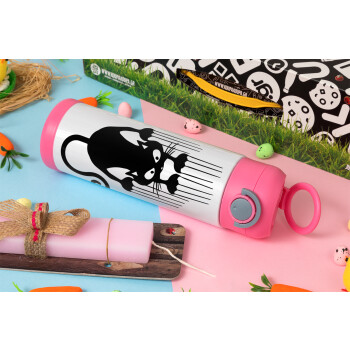 Cat scratching, Πασχαλινή Λαμπάδα με Παιδικό παγούρι θερμό, ανοξείδωτο, με καλαμάκι ασφαλείας, ΡΟΖ (500ml)