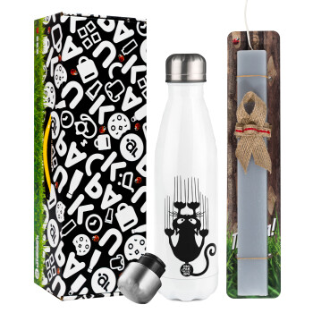 Cat scratching, Easter candle, metallic white thermos bottle (500ml) & aromatic flat candle (30cm) (GRAY)