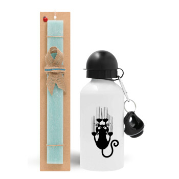Cat scratching, Easter Set, metallic aluminum water bottle (500ml) & scented flat candle (30cm) (TURQUOISE)