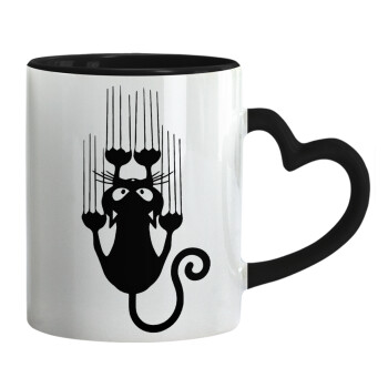 Cat scratching, Mug heart black handle, ceramic, 330ml