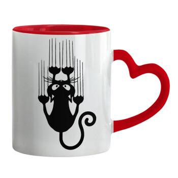Cat scratching, Mug heart red handle, ceramic, 330ml