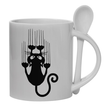 Cat scratching, Ceramic coffee mug with Spoon, 330ml (1pcs)