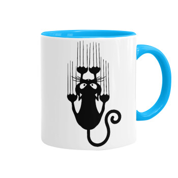 Cat scratching, Mug colored light blue, ceramic, 330ml