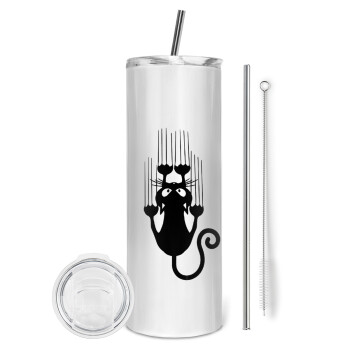 Cat scratching, Eco friendly stainless steel tumbler 600ml, with metal straw & cleaning brush