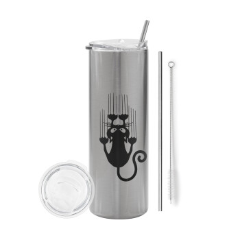 Cat scratching, Eco friendly stainless steel Silver tumbler 600ml, with metal straw & cleaning brush