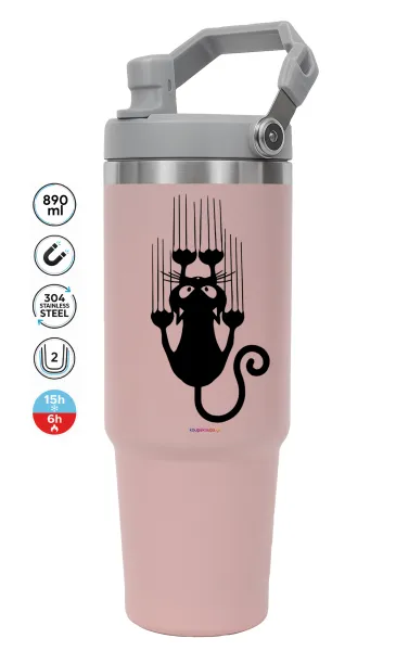 Cat scratching — ΡΟΖ Travel Tumbler Θερμός με χερούλι και καλαμάκι 890ml