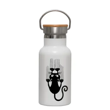 Cat scratching, Metallic thermos (Stainless steel) White with wooden lid (bamboo), double-walled, 350ml