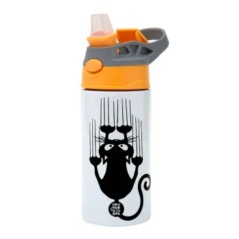 Cat scratching, Children's hot water bottle, stainless steel, with safety straw, Orange/Grey (360ml) BPA-FREE